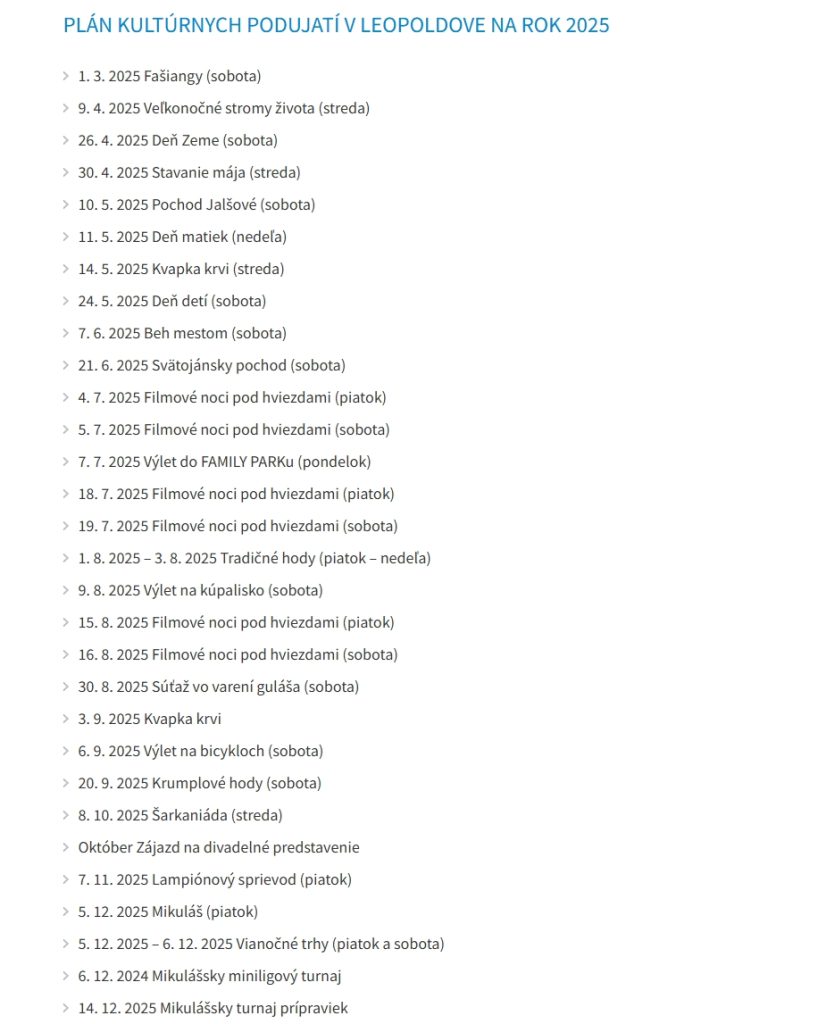 Podujatia na rok 2025 v meste Leopoldov Zdroj: Mesto Leopoldov
